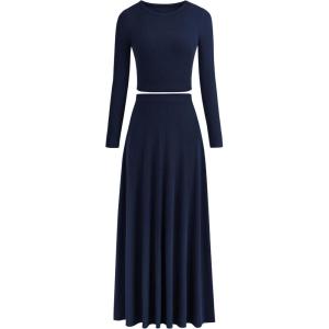 image:imagePRETTYGARDEN Women Fall Spring 2 Piece Outfits Dressy Casual Ribbed Knit Long Sleeve Crop Top Maxi Flowy Skirts Matching SetsNavy