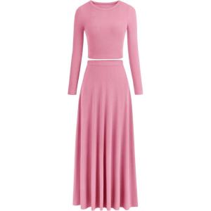 image:imagePRETTYGARDEN Women Fall Spring 2 Piece Outfits Dressy Casual Ribbed Knit Long Sleeve Crop Top Maxi Flowy Skirts Matching SetsPink
