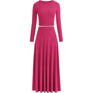 image:imagePRETTYGARDEN Women Fall Spring 2 Piece Outfits Dressy Casual Ribbed Knit Long Sleeve Crop Top Maxi Flowy Skirts Matching SetsRose Red