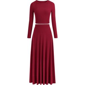 image:imagePRETTYGARDEN Women Fall Spring 2 Piece Outfits Dressy Casual Ribbed Knit Long Sleeve Crop Top Maxi Flowy Skirts Matching SetsWine Red