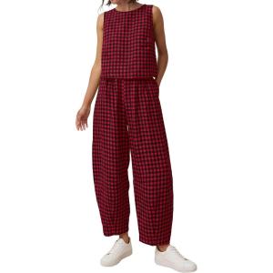 image:imagePRETTYGARDEN Womens 2 Piece Sets 2026 Summer Plaid Sleeveless Tops Wide Leg Pants Matching Lounge Set Beach Vacation OutfitsPlaid Black Red