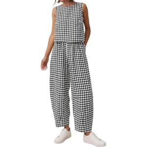image:imagePRETTYGARDEN Womens 2 Piece Sets 2026 Summer Plaid Sleeveless Tops Wide Leg Pants Matching Lounge Set Beach Vacation OutfitsPlaid Black White