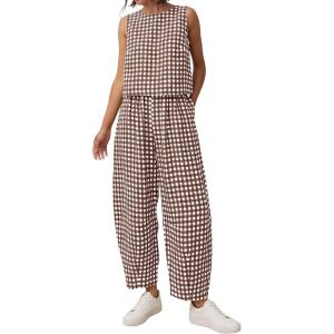 image:imagePRETTYGARDEN Womens 2 Piece Sets 2026 Summer Plaid Sleeveless Tops Wide Leg Pants Matching Lounge Set Beach Vacation OutfitsPlaid Brown White
