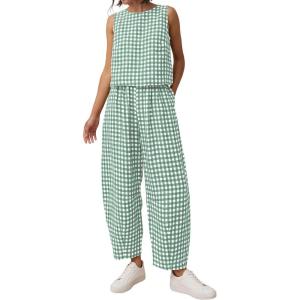 image:imagePRETTYGARDEN Womens 2 Piece Sets 2026 Summer Plaid Sleeveless Tops Wide Leg Pants Matching Lounge Set Beach Vacation OutfitsPlaid Green White