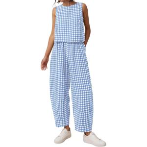 image:imagePRETTYGARDEN Womens 2 Piece Sets 2026 Summer Plaid Sleeveless Tops Wide Leg Pants Matching Lounge Set Beach Vacation OutfitsPlaid Light Blue White