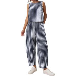 image:imagePRETTYGARDEN Womens 2 Piece Sets 2026 Summer Plaid Sleeveless Tops Wide Leg Pants Matching Lounge Set Beach Vacation OutfitsPlaid Navy White