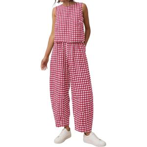 image:imagePRETTYGARDEN Womens 2 Piece Sets 2026 Summer Plaid Sleeveless Tops Wide Leg Pants Matching Lounge Set Beach Vacation OutfitsPlaid Red White