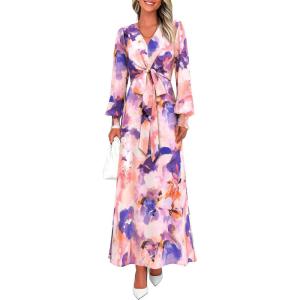 image:imagePRETTYGARDEN Womens 2026 Spring Wedding Guest Dresses Floral Long Sleeve V Neck Belted Long Flowy Boho Maxi DressFloral Multicolored