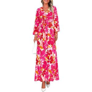 image:imagePRETTYGARDEN Womens 2026 Spring Wedding Guest Dresses Floral Long Sleeve V Neck Belted Long Flowy Boho Maxi DressFloral White Rose Red