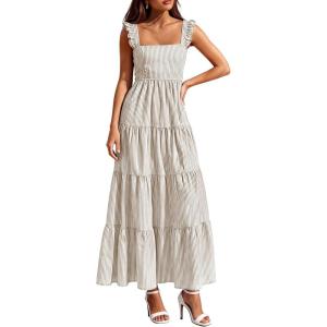 image:imagePRETTYGARDEN Womens 2026 Summer Casual Maxi Dresses Striped Square Neck Sleeveless Boho Flowy Sundress Beach Vacation ClothesBrown