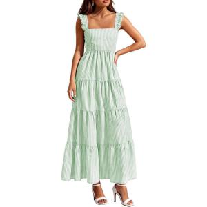 image:imagePRETTYGARDEN Womens 2026 Summer Casual Maxi Dresses Striped Square Neck Sleeveless Boho Flowy Sundress Beach Vacation ClothesGreen