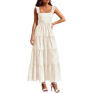 image:imagePRETTYGARDEN Womens 2026 Summer Casual Maxi Dresses Striped Square Neck Sleeveless Boho Flowy Sundress Beach Vacation ClothesKhaki