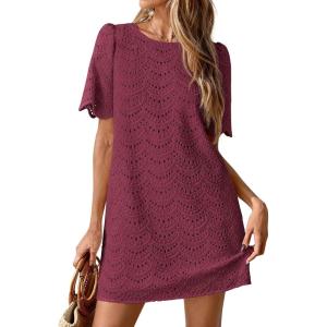 image:imagePRETTYGARDEN Womens 2026 Summer Casual Short Dresses Embroidered Lace Short Sleeve Boho Mini Dress Beach Vacation ClothesBurgundy