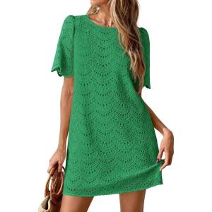 image:imagePRETTYGARDEN Womens 2026 Summer Casual Short Dresses Embroidered Lace Short Sleeve Boho Mini Dress Beach Vacation ClothesDark Green