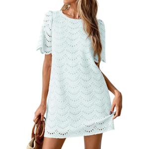 image:imagePRETTYGARDEN Womens 2026 Summer Casual Short Dresses Embroidered Lace Short Sleeve Boho Mini Dress Beach Vacation ClothesLight Blue
