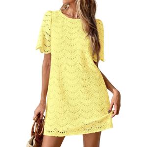 image:imagePRETTYGARDEN Womens 2026 Summer Casual Short Dresses Embroidered Lace Short Sleeve Boho Mini Dress Beach Vacation ClothesYellow