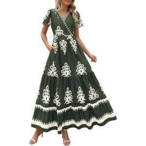 image:imagePRETTYGARDEN Womens 2026 Summer Casual V Neck Boho Maxi Dress Flowy Aline Bell Sleeve Tiered Floral Dresses with PocketFloral Army Green White