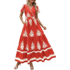 image:imagePRETTYGARDEN Womens 2026 Summer Casual V Neck Boho Maxi Dress Flowy Aline Bell Sleeve Tiered Floral Dresses with PocketFloral Brick Red White