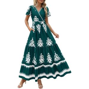 image:imagePRETTYGARDEN Womens 2026 Summer Casual V Neck Boho Maxi Dress Flowy Aline Bell Sleeve Tiered Floral Dresses with PocketFloral Dark Green White