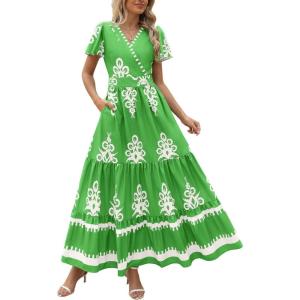 image:imagePRETTYGARDEN Womens 2026 Summer Casual V Neck Boho Maxi Dress Flowy Aline Bell Sleeve Tiered Floral Dresses with PocketFloral Green White