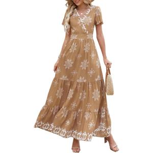 image:imagePRETTYGARDEN Womens 2026 Summer Casual V Neck Boho Maxi Dress Flowy Aline Bell Sleeve Tiered Floral Dresses with PocketFloral Khaki White