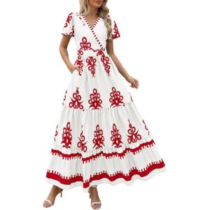 image:imagePRETTYGARDEN Womens 2026 Summer Casual V Neck Boho Maxi Dress Flowy Aline Bell Sleeve Tiered Floral Dresses with PocketFloral Light Apricot Orange