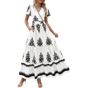 image:imagePRETTYGARDEN Womens 2026 Summer Casual V Neck Boho Maxi Dress Flowy Aline Bell Sleeve Tiered Floral Dresses with PocketFloral White Black