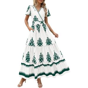 image:imagePRETTYGARDEN Womens 2026 Summer Casual V Neck Boho Maxi Dress Flowy Aline Bell Sleeve Tiered Floral Dresses with PocketFloral White Green