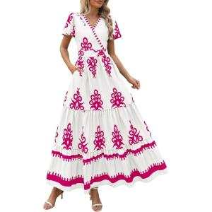 image:imagePRETTYGARDEN Womens 2026 Summer Casual V Neck Boho Maxi Dress Flowy Aline Bell Sleeve Tiered Floral Dresses with PocketFloral White Rose Red