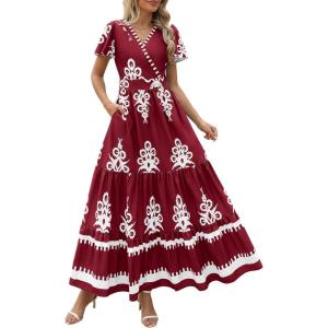 image:imagePRETTYGARDEN Womens 2026 Summer Casual V Neck Boho Maxi Dress Flowy Aline Bell Sleeve Tiered Floral Dresses with PocketFloral Wine Red White