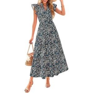 image:imagePRETTYGARDEN Womens 2026 Summer Floral Midi Dress Cap Sleeve V Neck Ruffle Long Flowy Boho Casual Beach Vacation DressesFloral Black Blue