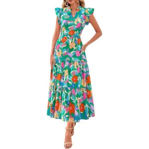 image:imagePRETTYGARDEN Womens 2026 Summer Floral Midi Dress Cap Sleeve V Neck Ruffle Long Flowy Boho Casual Beach Vacation DressesFloral Green Orange