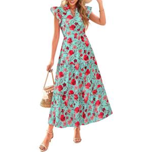 image:imagePRETTYGARDEN Womens 2026 Summer Floral Midi Dress Cap Sleeve V Neck Ruffle Long Flowy Boho Casual Beach Vacation DressesFloral Green Red