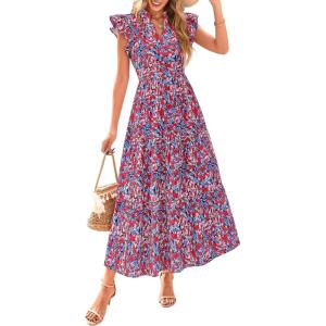 image:imagePRETTYGARDEN Womens 2026 Summer Floral Midi Dress Cap Sleeve V Neck Ruffle Long Flowy Boho Casual Beach Vacation DressesFloral Navy Red
