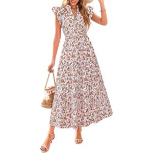 image:imagePRETTYGARDEN Womens 2026 Summer Floral Midi Dress Cap Sleeve V Neck Ruffle Long Flowy Boho Casual Beach Vacation DressesFloral White Orange