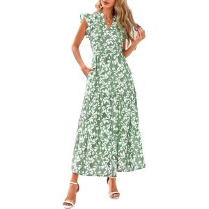 image:imagePRETTYGARDEN Womens 2026 Summer Floral Midi Dress Cap Sleeve V Neck Ruffle Long Flowy Boho Casual Beach Vacation DressesLeaves Light Green