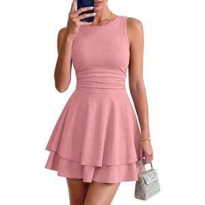 image:imagePRETTYGARDEN Womens 2026 Summer Mini Dress Sleeveless Ruched A Line Ruffle Flowy Short Cute Dresses Party Date Night OutfitsPink