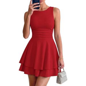 image:imagePRETTYGARDEN Womens 2026 Summer Mini Dress Sleeveless Ruched A Line Ruffle Flowy Short Cute Dresses Party Date Night OutfitsRed