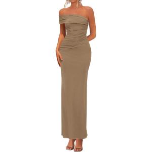 image:imagePRETTYGARDEN Womens 2026 Wedding Guest Cocktail Dresses One Off the Shoulder Ruched Bodycon Formal Maxi Party Summer OutfitsKhaki