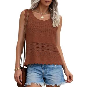 image:imagePRETTYGARDEN Womens Crochet Tank Tops 2026 Summer Spring Sleeveless Tops Cute Sweater Vest Trendy Boho Beach Vacation ClothesCamel