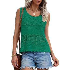 image:imagePRETTYGARDEN Womens Crochet Tank Tops 2026 Summer Spring Sleeveless Tops Cute Sweater Vest Trendy Boho Beach Vacation ClothesGreen