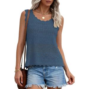 image:imagePRETTYGARDEN Womens Crochet Tank Tops 2026 Summer Spring Sleeveless Tops Cute Sweater Vest Trendy Boho Beach Vacation ClothesGrey Blue