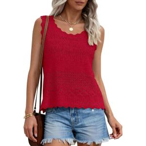 image:imagePRETTYGARDEN Womens Crochet Tank Tops 2026 Summer Spring Sleeveless Tops Cute Sweater Vest Trendy Boho Beach Vacation ClothesRed