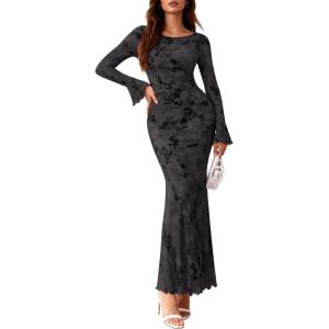 image:imagePRETTYGARDEN Womens Floral Bodycon Maxi Dress 2026 Spring Elegant Mesh Long Sleeve Formal Wedding Guest Cocktail DressesStyle2black
