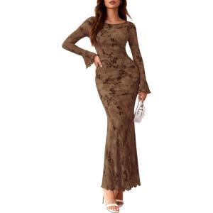 image:imagePRETTYGARDEN Womens Floral Bodycon Maxi Dress 2026 Spring Elegant Mesh Long Sleeve Formal Wedding Guest Cocktail DressesStyle2brown