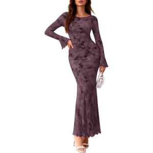 image:imagePRETTYGARDEN Womens Floral Bodycon Maxi Dress 2026 Spring Elegant Mesh Long Sleeve Formal Wedding Guest Cocktail DressesStyle2dark Purple Red