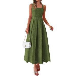 image:imagePRETTYGARDEN Womens Sleeveless Maxi Summer Dresses 2026 Hollow Out Eyelet Square Neck Ruffle Flowy Beach Vacation SundressArmy Green