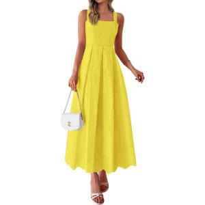 image:imagePRETTYGARDEN Womens Sleeveless Maxi Summer Dresses 2026 Hollow Out Eyelet Square Neck Ruffle Flowy Beach Vacation SundressYellow