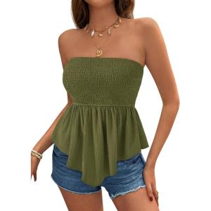 image:imagePRETTYGARDEN Womens Strapless Smocked Tube Tops Summer 2026 Trendy Flowy Peplum Bandeau Shirts Going Out Date Spring ClothesArmy Green