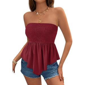 image:imagePRETTYGARDEN Womens Strapless Smocked Tube Tops Summer 2026 Trendy Flowy Peplum Bandeau Shirts Going Out Date Spring ClothesBurgundy